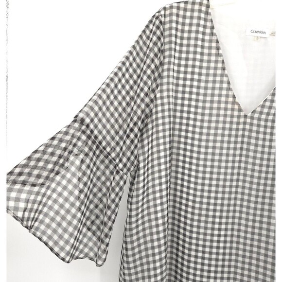 Calvin Klein chiffon flare sleeve gingham tunic top womens Size XL black white - Picture 4 of 11